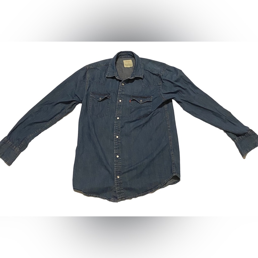 Levi's Long Sleeve Western Pearl Snap Blue Denim Shirt Men's Size S With Pockets